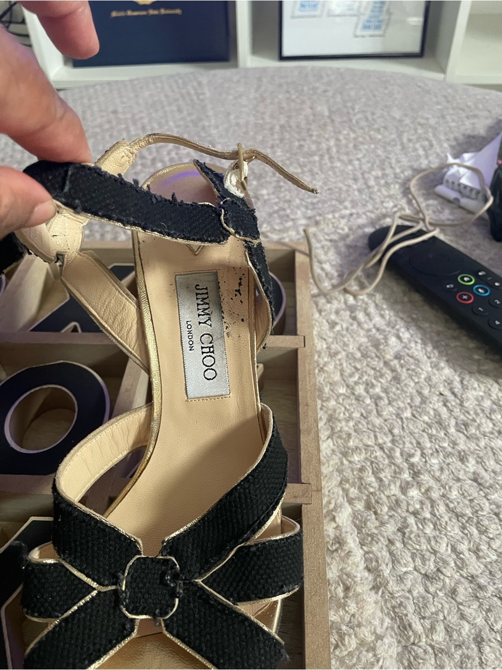 Jimmy Choo Black Sandal with Gold Trim and Bow Detail
